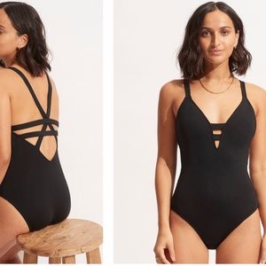 NWT- Seafolly Collective Deep V One Piece Bathing Suit - Black
